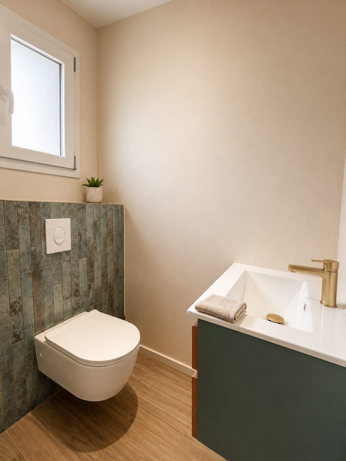 WC suspendu avec carrelage vert